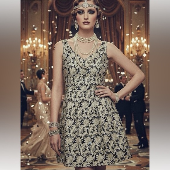 Jealous Tomato Dresses & Skirts - Jealous Tomato High End Boutique Black&Tan Brocade Fit & Flare Metalic Dress, M